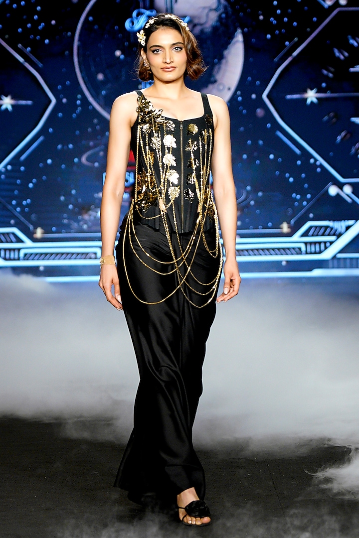 Black Satin Metallic Embellished Cascade Bridal Gown by Neeta Lulla at Pernia's Pop Up Shop