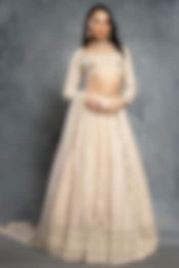 Ecru Beige Tulle Tropical Motif Embellished Bridal Lehenga Set by Neeta Lulla at Pernia's Pop Up Shop