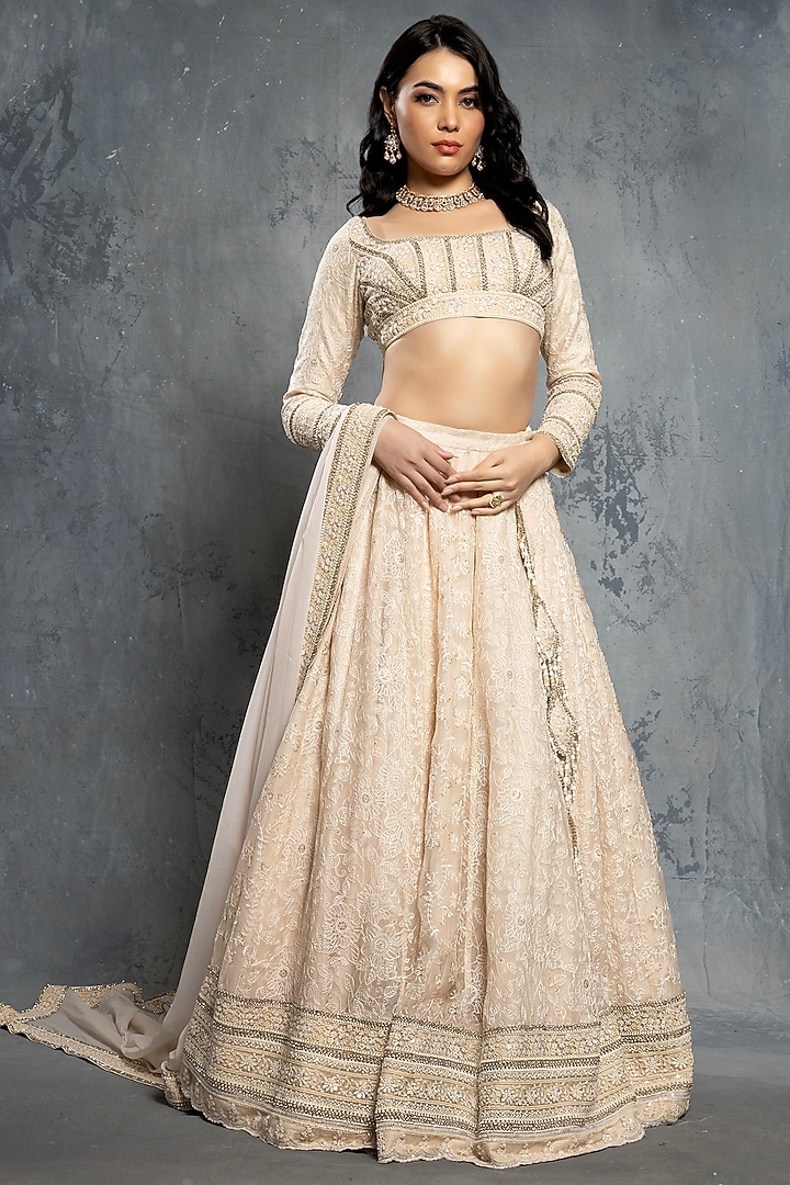 Ecru Beige Tulle Tropical Motif Embellished Bridal Lehenga Set by Neeta Lulla at Pernia's Pop Up Shop