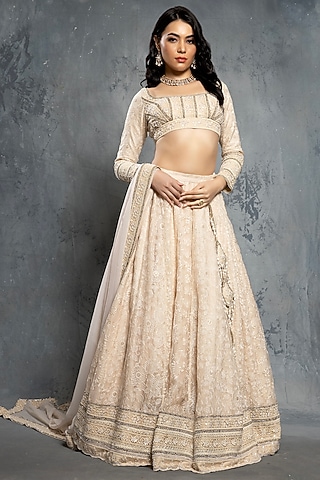 Ecru Beige Tulle Tropical Motif Embellished Lehenga Set by Neeta Lulla