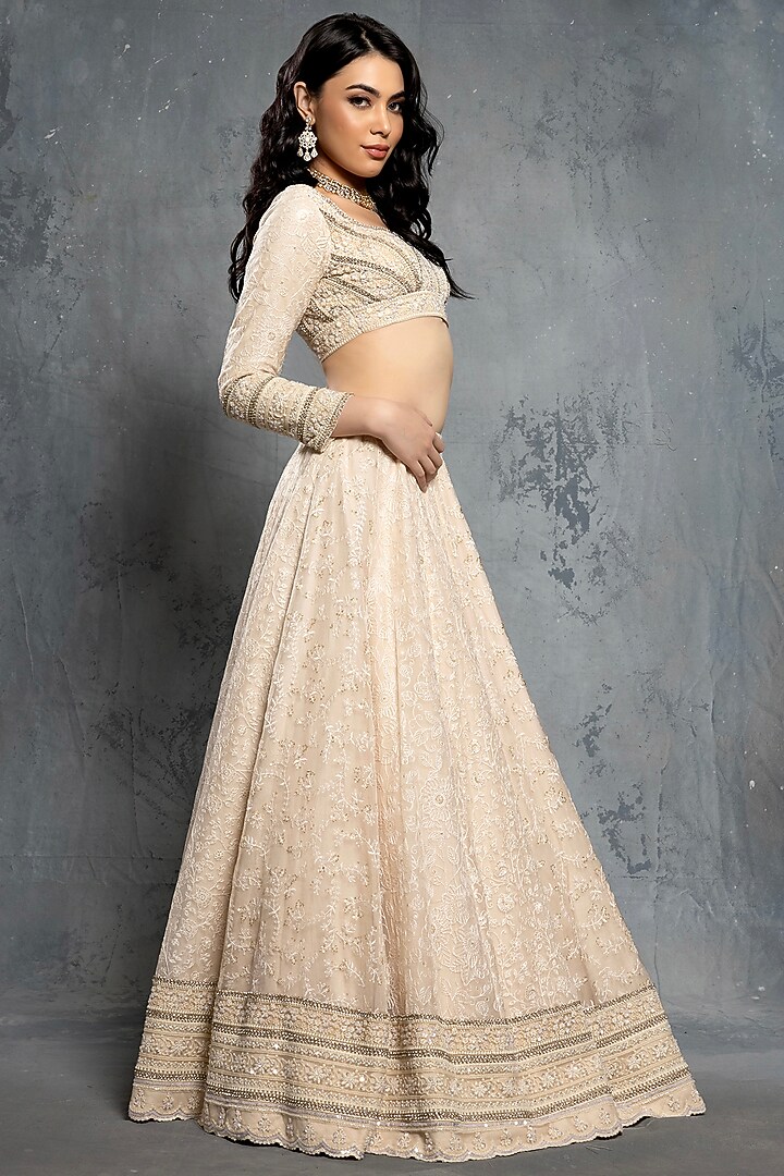 Ecru Beige Tulle Tropical Motif Embellished Bridal Lehenga Set by Neeta Lulla at Pernia's Pop Up Shop