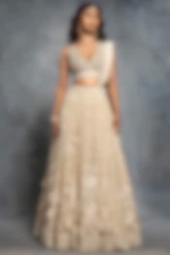 Ecru Beige Tulle & Organza Sequins Embellished Wedding Lehenga Set by Neeta Lulla at Pernia's Pop Up Shop