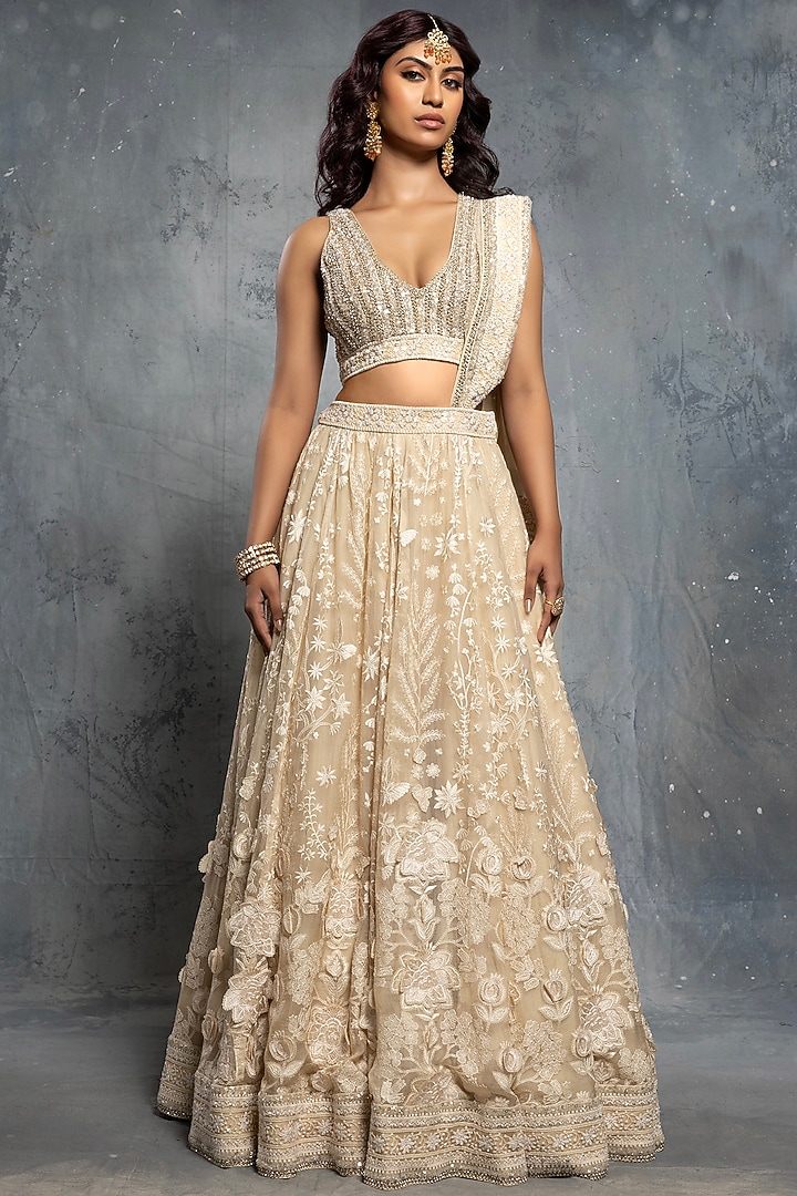 Ecru Beige Tulle & Organza Sequins Embellished Wedding Lehenga Set by Neeta Lulla at Pernia's Pop Up Shop
