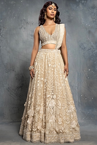 Ecru Beige Tulle & Organza Sequins Embellished Lehenga Set by Neeta Lulla