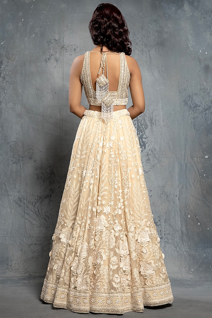 Ecru Beige Tulle & Organza Sequins Embellished Wedding Lehenga Set by Neeta Lulla at Pernia's Pop Up Shop