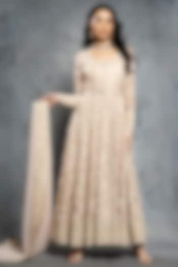 Ecru Beige Brocade & Organza Sequins Embellished Bridal Anarkali Set by Neeta Lulla at Pernia's Pop Up Shop