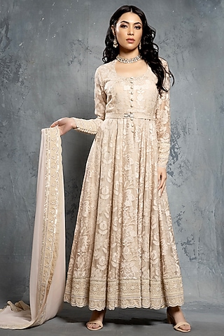 Ecru Beige Brocade & Organza Sequins Embellished Anarkali Set by Neeta Lulla