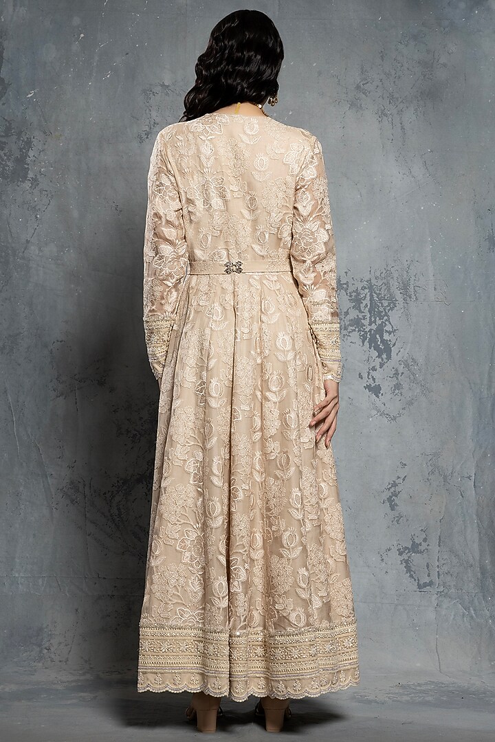 Ecru Beige Brocade & Organza Sequins Embellished Bridal Anarkali Set by Neeta Lulla at Pernia's Pop Up Shop