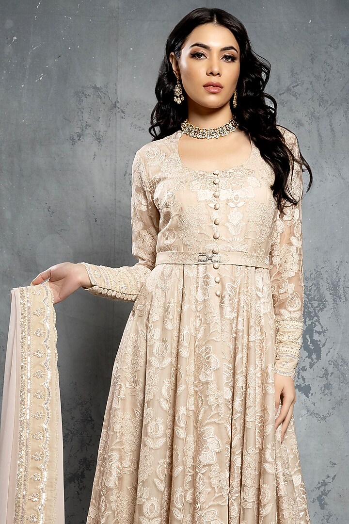Ecru Beige Brocade & Organza Sequins Embellished Bridal Anarkali Set by Neeta Lulla at Pernia's Pop Up Shop