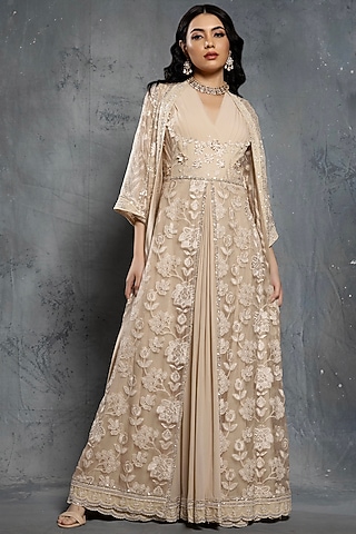 Ecru Beige Georgette & Organza Sequins Embellished Anarkali Set by Neeta Lulla