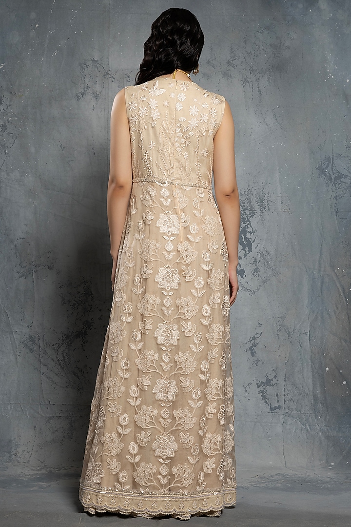 Ecru Beige Georgette & Organza Sequins Embellished Bridal Anarkali Set by Neeta Lulla at Pernia's Pop Up Shop