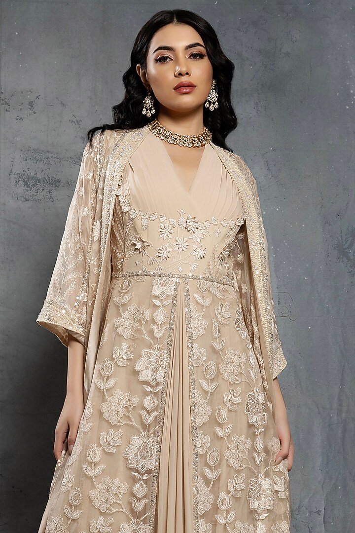 Ecru Beige Georgette & Organza Sequins Embellished Bridal Anarkali Set by Neeta Lulla at Pernia's Pop Up Shop