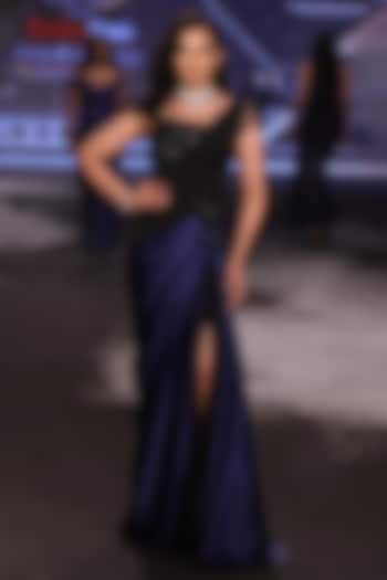 Midnight Blue Charmeuse Satin Cutdana Embroidered Asymmetric Wedding Gown by Neeta Lulla at Pernia's Pop Up Shop