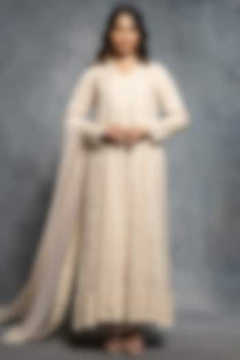 Ecru Beige Organza Sequins & Thread Embellished Bridal Anarkali Set by Neeta Lulla at Pernia's Pop Up Shop