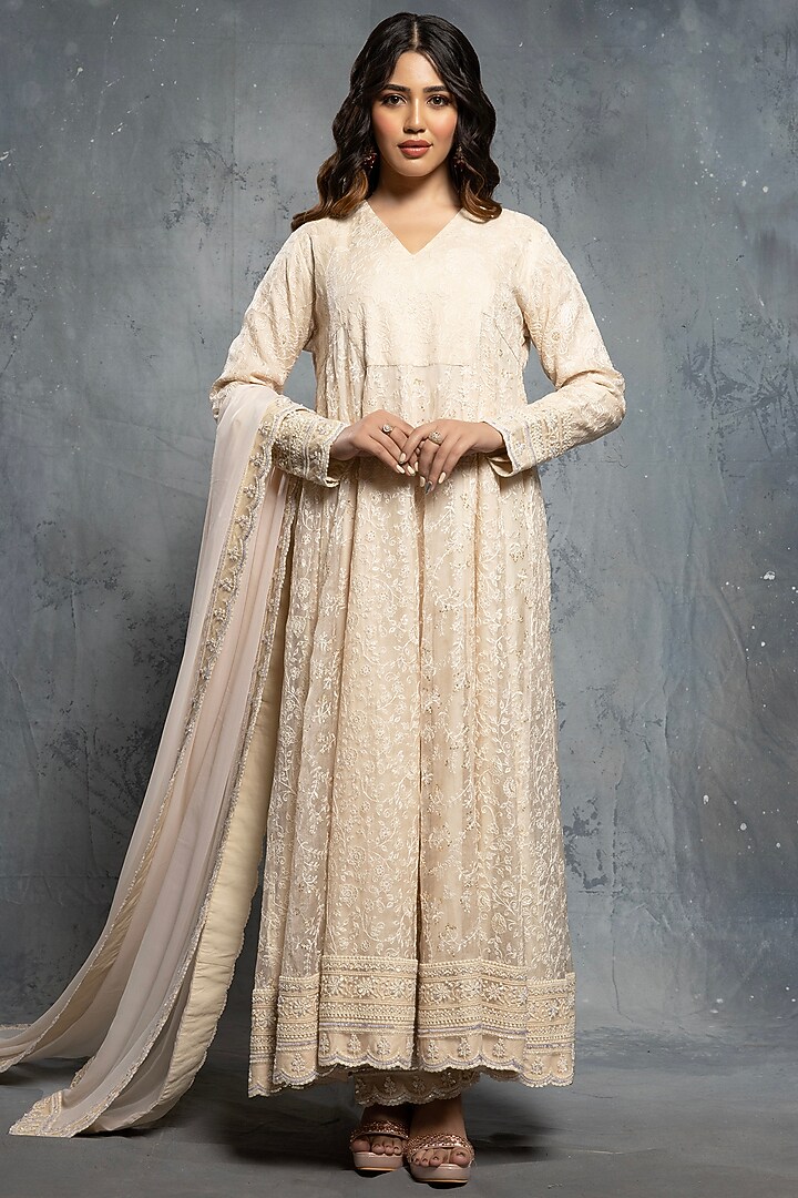 Ecru Beige Organza Sequins & Thread Embellished Bridal Anarkali Set by Neeta Lulla at Pernia's Pop Up Shop