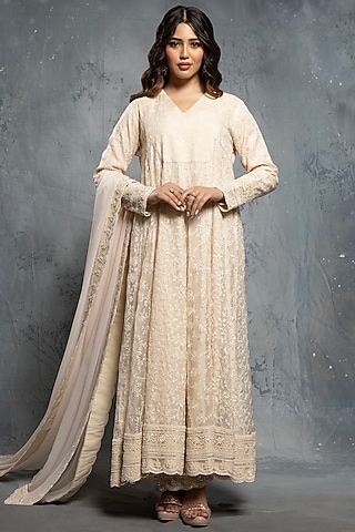 Ecru Beige Organza Sequins & Thread Embellished Anarkali Set by Neeta Lulla