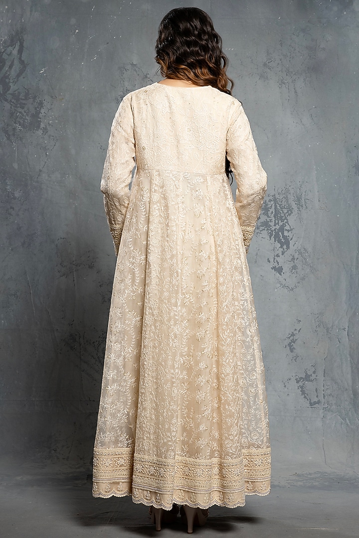 Ecru Beige Organza Sequins & Thread Embellished Bridal Anarkali Set by Neeta Lulla at Pernia's Pop Up Shop