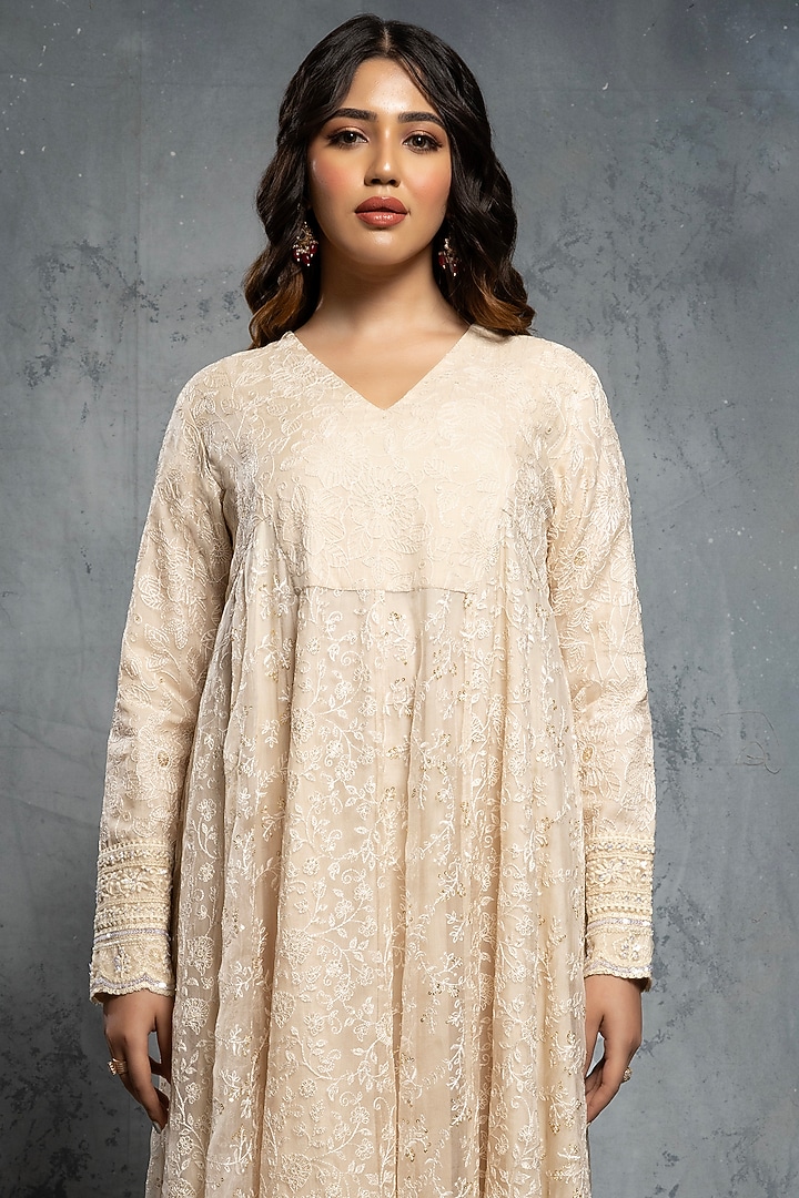 Ecru Beige Organza Sequins & Thread Embellished Bridal Anarkali Set by Neeta Lulla at Pernia's Pop Up Shop