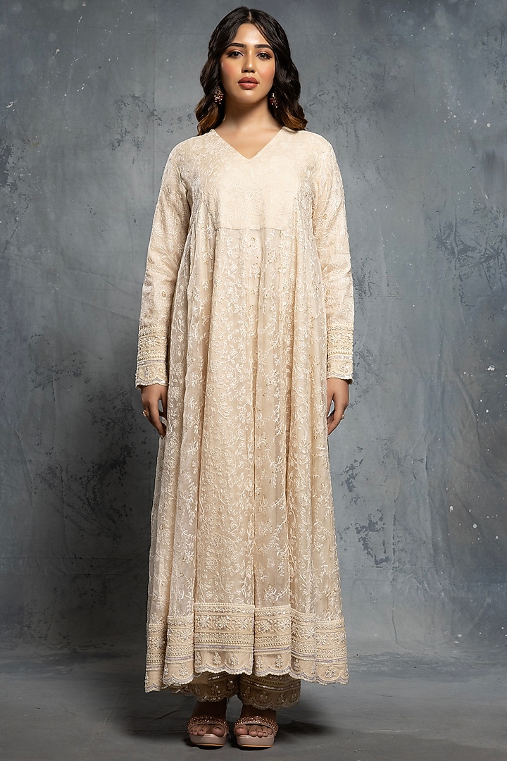 Ecru Beige Organza Sequins & Thread Embellished Bridal Anarkali Set by Neeta Lulla at Pernia's Pop Up Shop