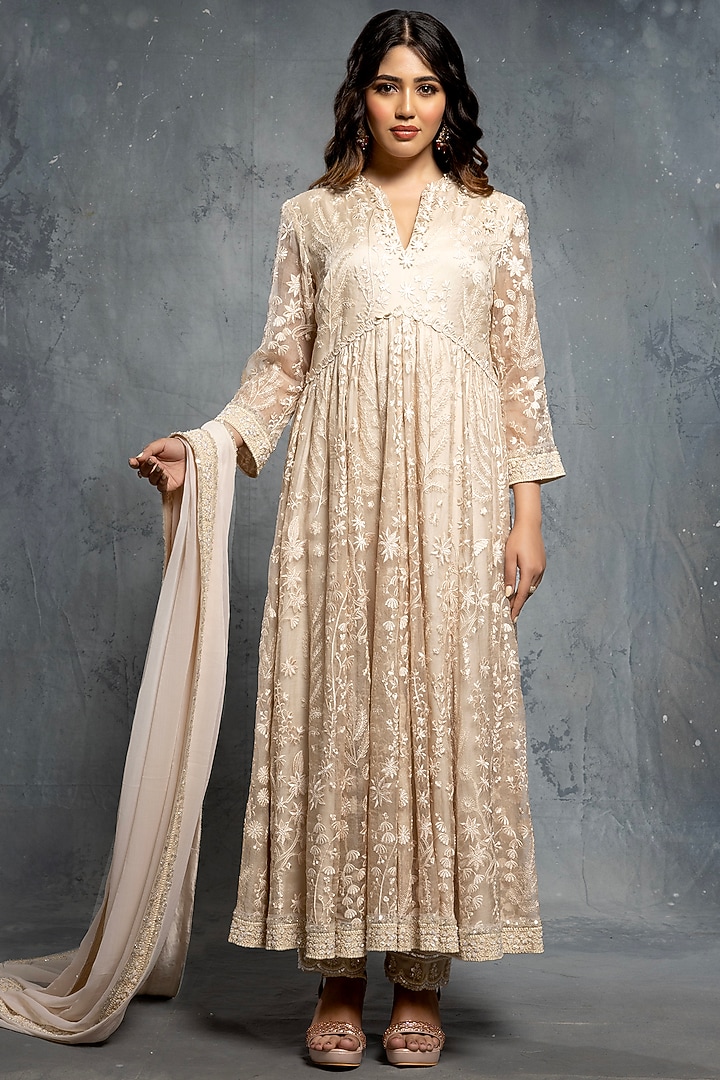 Ecru Organza Sequins & Thread Embellished Bridal Anarkali Set by Neeta Lulla at Pernia's Pop Up Shop