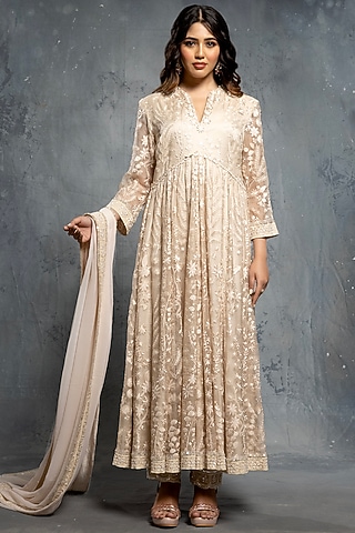 Ecru Organza Sequins & Thread Embellished Anarkali Set by Neeta Lulla