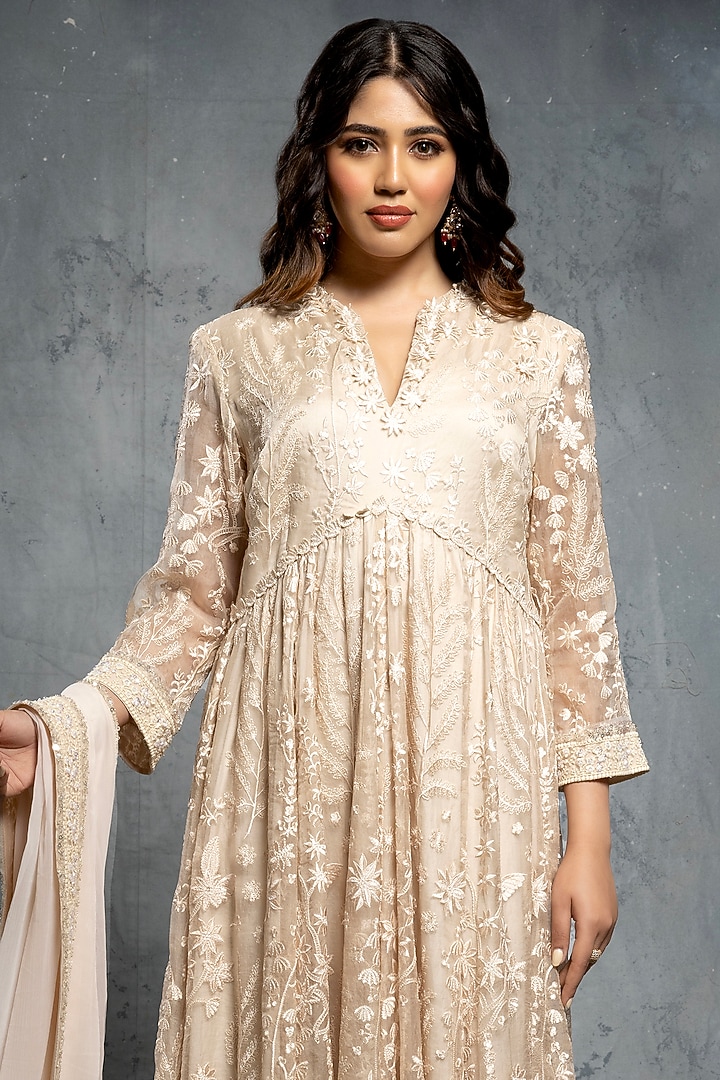 Ecru Organza Sequins & Thread Embellished Bridal Anarkali Set by Neeta Lulla at Pernia's Pop Up Shop