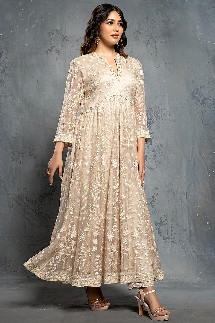 Ecru Organza Sequins & Thread Embellished Bridal Anarkali Set by Neeta Lulla at Pernia's Pop Up Shop