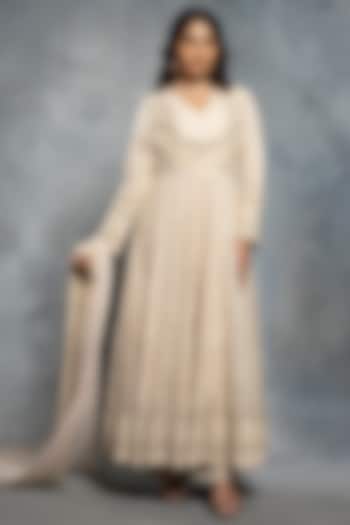 Ecru Beige Organza Sequins & Thread Embellished Bridal Anarkali Set by Neeta Lulla at Pernia's Pop Up Shop