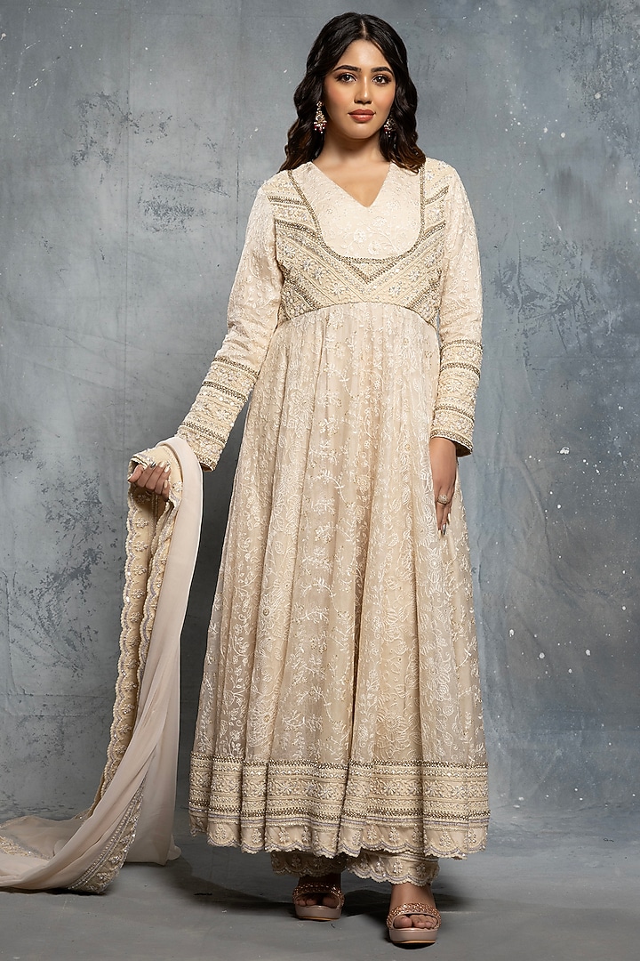 Ecru Beige Organza Sequins & Thread Embellished Bridal Anarkali Set by Neeta Lulla at Pernia's Pop Up Shop