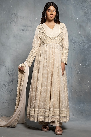 Ecru Beige Organza Sequins & Thread Embellished Anarkali Set by Neeta Lulla