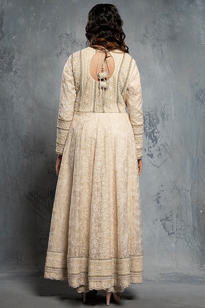 Ecru Beige Organza Sequins & Thread Embellished Bridal Anarkali Set by Neeta Lulla at Pernia's Pop Up Shop