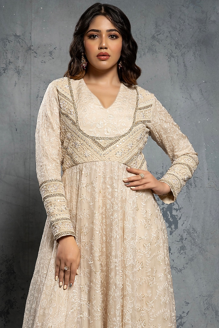 Ecru Beige Organza Sequins & Thread Embellished Bridal Anarkali Set by Neeta Lulla at Pernia's Pop Up Shop