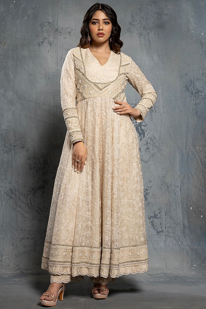Ecru Beige Organza Sequins & Thread Embellished Bridal Anarkali Set by Neeta Lulla at Pernia's Pop Up Shop