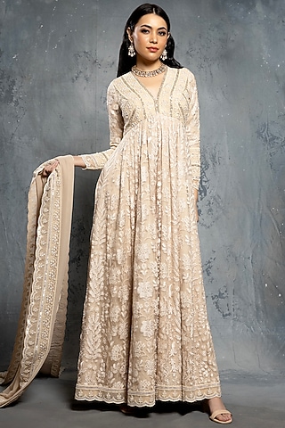 Ecru Beige Georgette & Organza Sequins Embellished Anarkali Set by Neeta Lulla