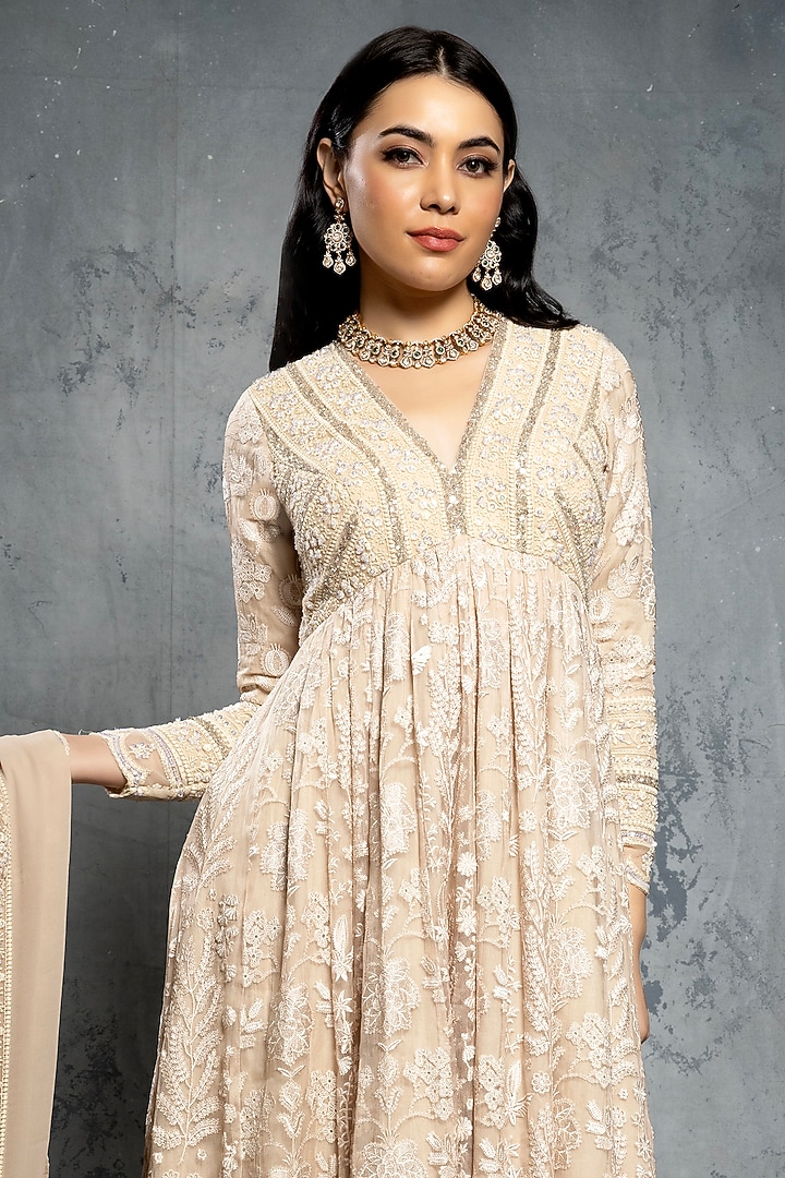 Ecru Beige Georgette & Organza Sequins Embellished Bridal Anarkali Set by Neeta Lulla at Pernia's Pop Up Shop