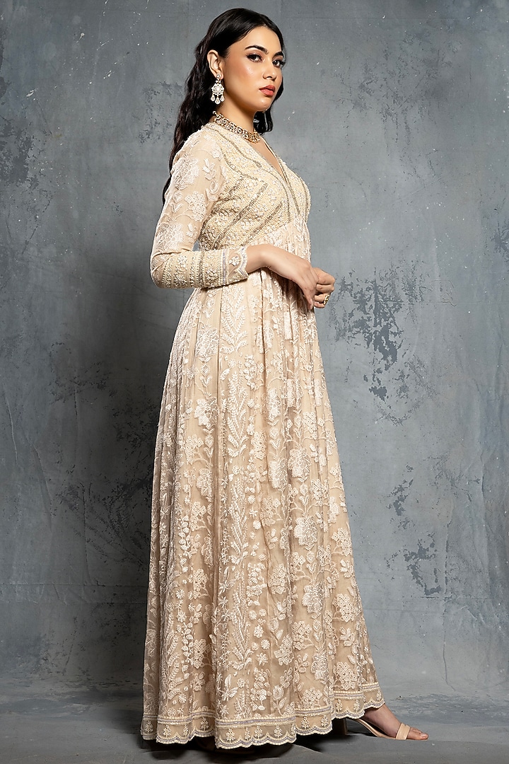 Ecru Beige Georgette & Organza Sequins Embellished Bridal Anarkali Set by Neeta Lulla at Pernia's Pop Up Shop