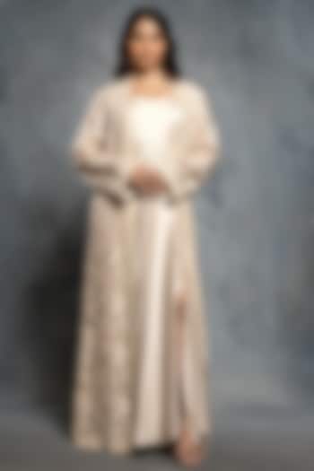 Ecru Beige Satin Engagement Gown With Embroidered Jacket by Neeta Lulla at Pernia's Pop Up Shop