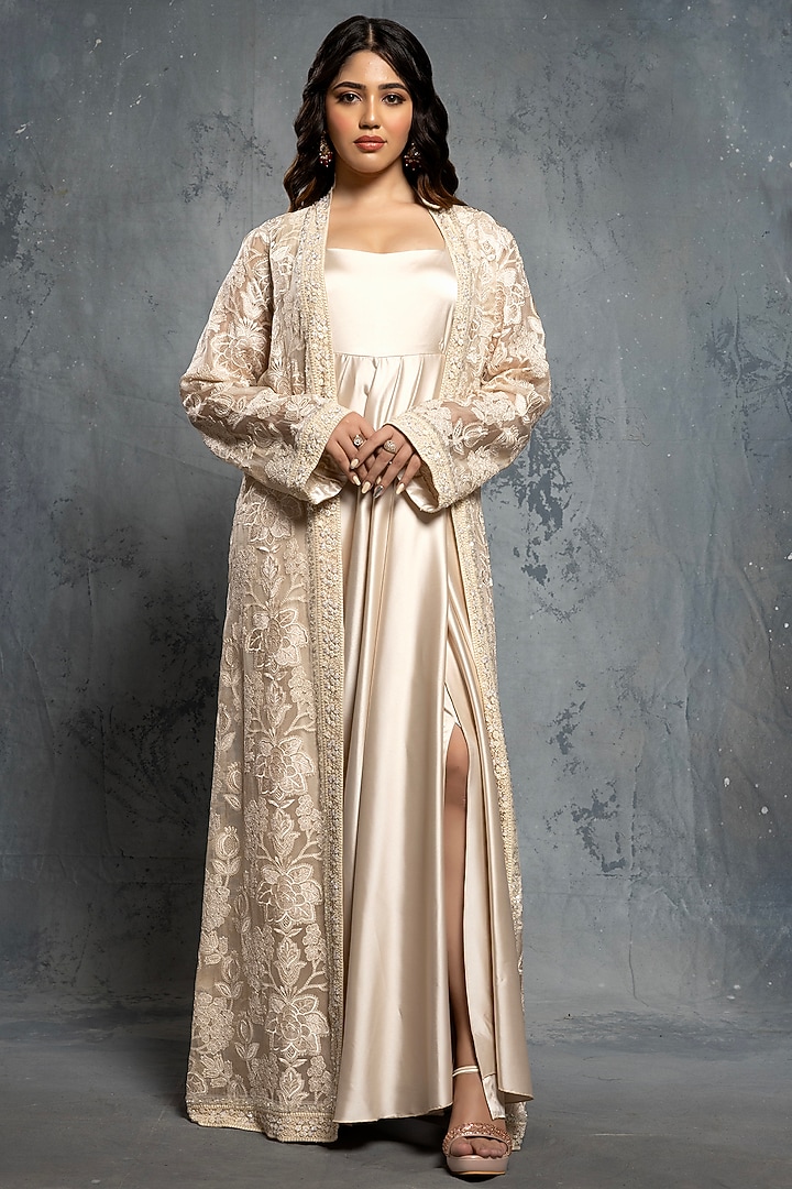 Ecru Beige Satin Engagement Gown With Embroidered Jacket by Neeta Lulla at Pernia's Pop Up Shop