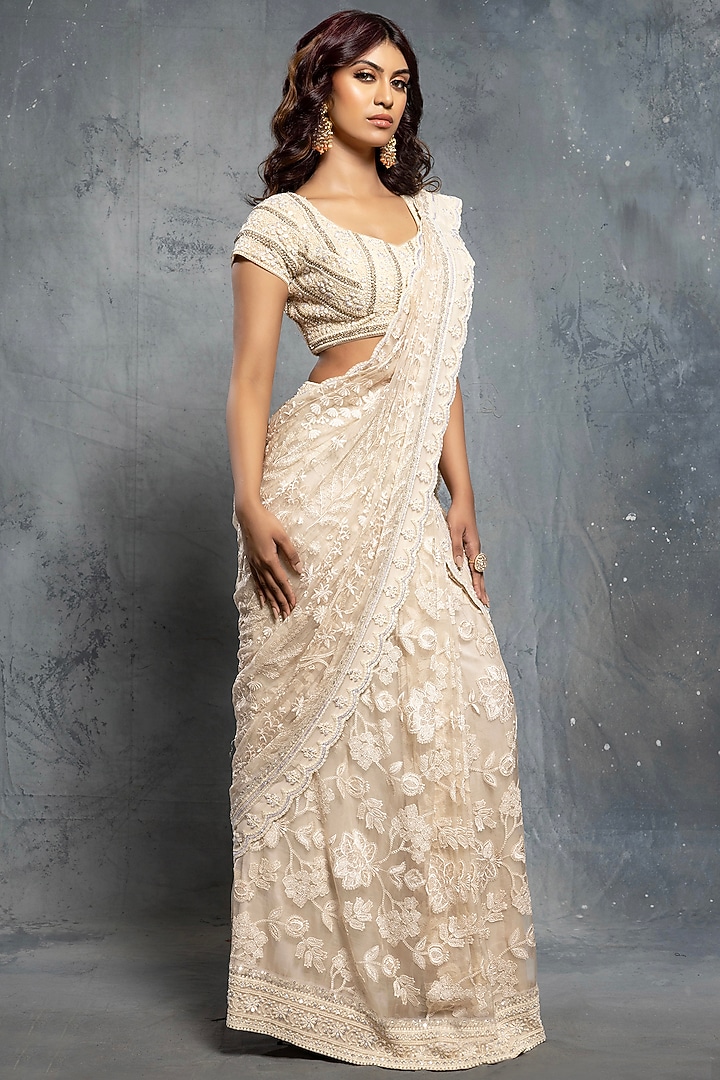 Ecru Beige Organza Sequins & Thread Embroidered Reception Saree Set by Neeta Lulla at Pernia's Pop Up Shop