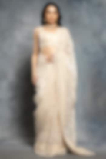 Ecru Beige Organza Sequins & Thread Embroidered Reception Saree Set by Neeta Lulla at Pernia's Pop Up Shop