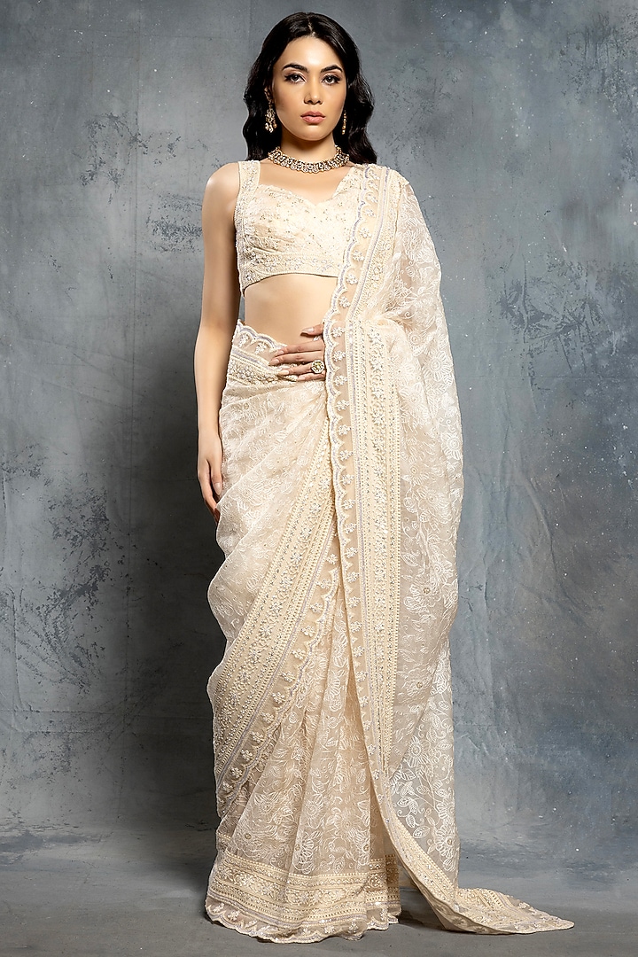 Ecru Beige Organza Sequins & Thread Embroidered Reception Saree Set by Neeta Lulla at Pernia's Pop Up Shop
