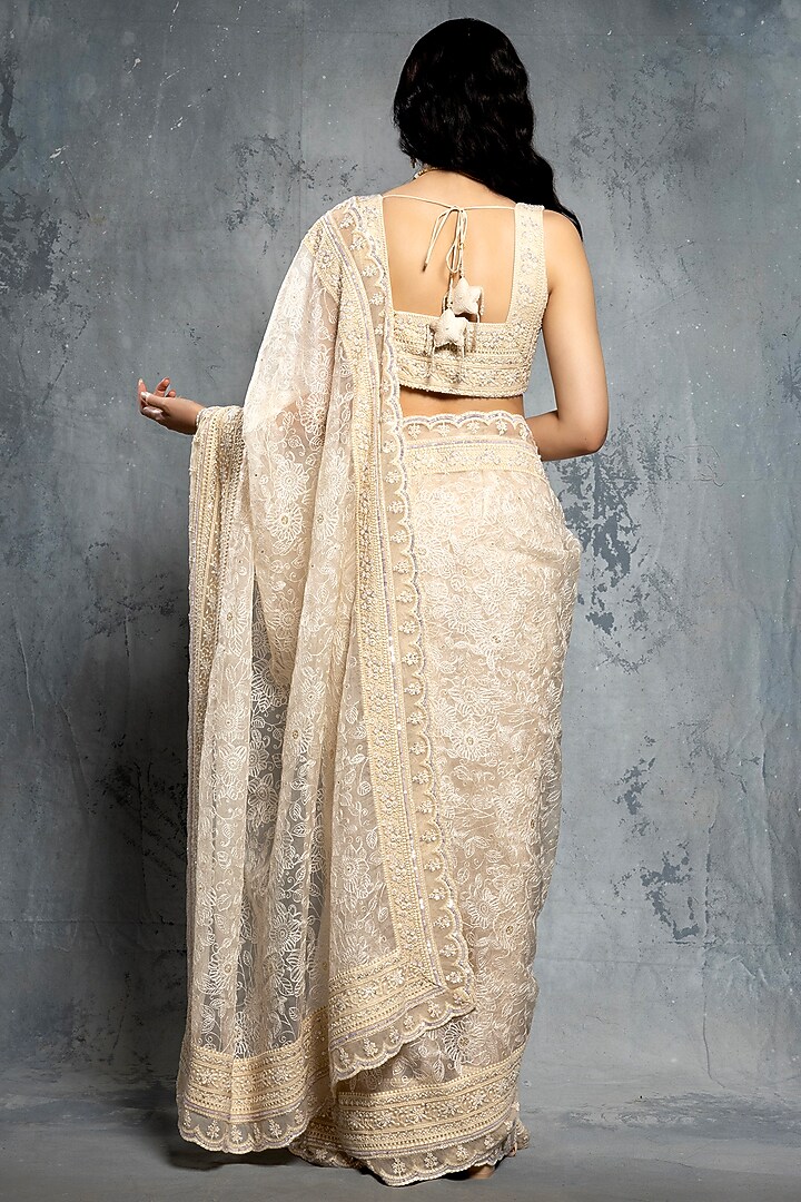 Ecru Beige Organza Sequins & Thread Embroidered Reception Saree Set by Neeta Lulla at Pernia's Pop Up Shop