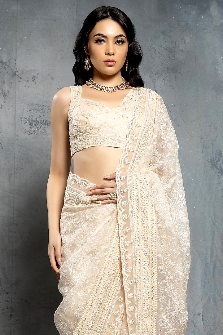 Ecru Beige Organza Sequins & Thread Embroidered Reception Saree Set by Neeta Lulla at Pernia's Pop Up Shop