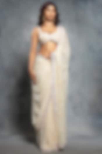 Ecru Beige Georgette Sequins Embellished Reception Saree Set by Neeta Lulla at Pernia's Pop Up Shop