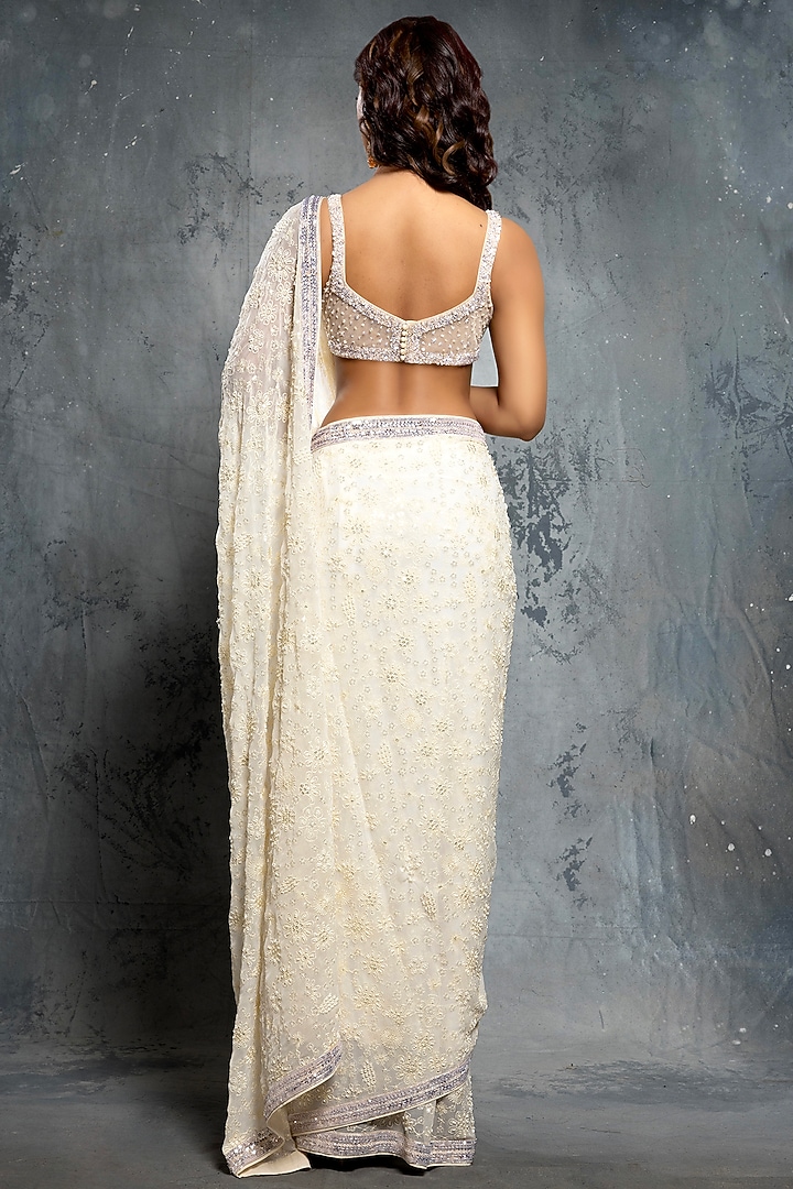 Ecru Beige Georgette Sequins Embellished Reception Saree Set by Neeta Lulla at Pernia's Pop Up Shop