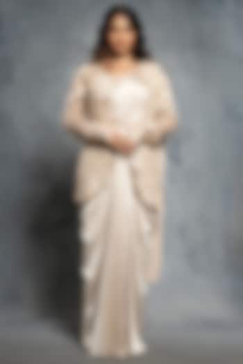 Ecru Beige Satin Pre-Draped Concept Bridal Saree Set by Neeta Lulla at Pernia's Pop Up Shop