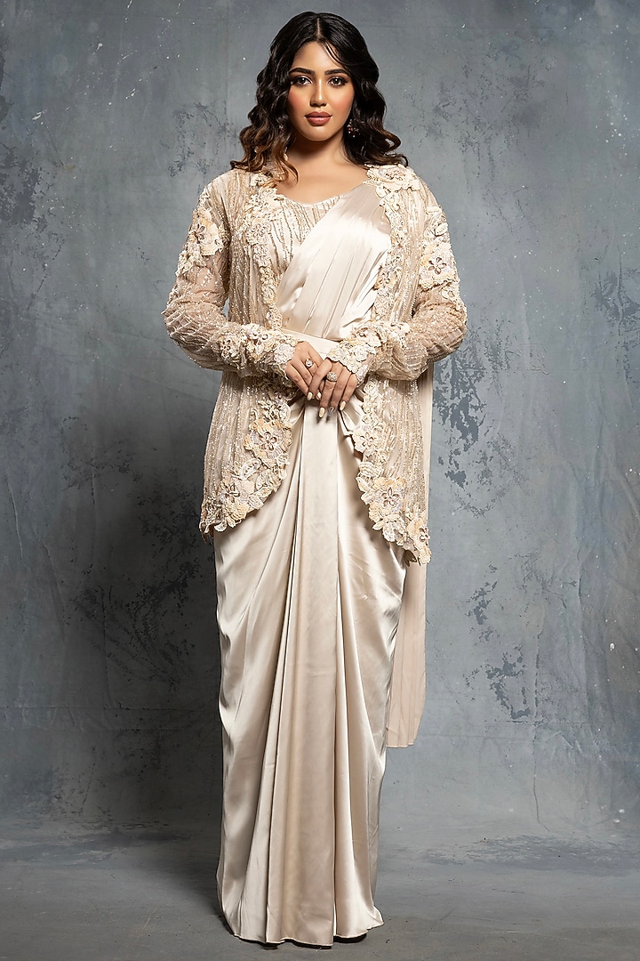 Ecru Beige Satin Pre-Draped Concept Bridal Saree Set by Neeta Lulla at Pernia's Pop Up Shop