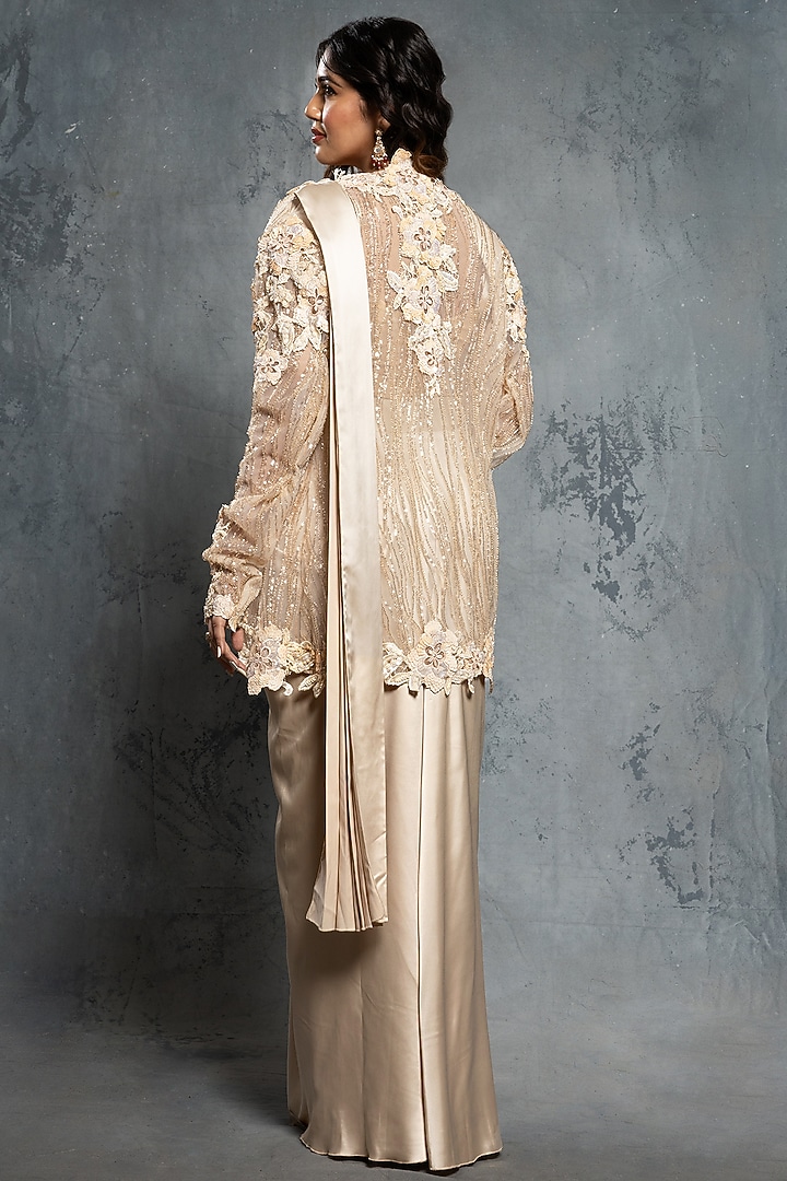 Ecru Beige Satin Pre-Draped Concept Bridal Saree Set by Neeta Lulla at Pernia's Pop Up Shop