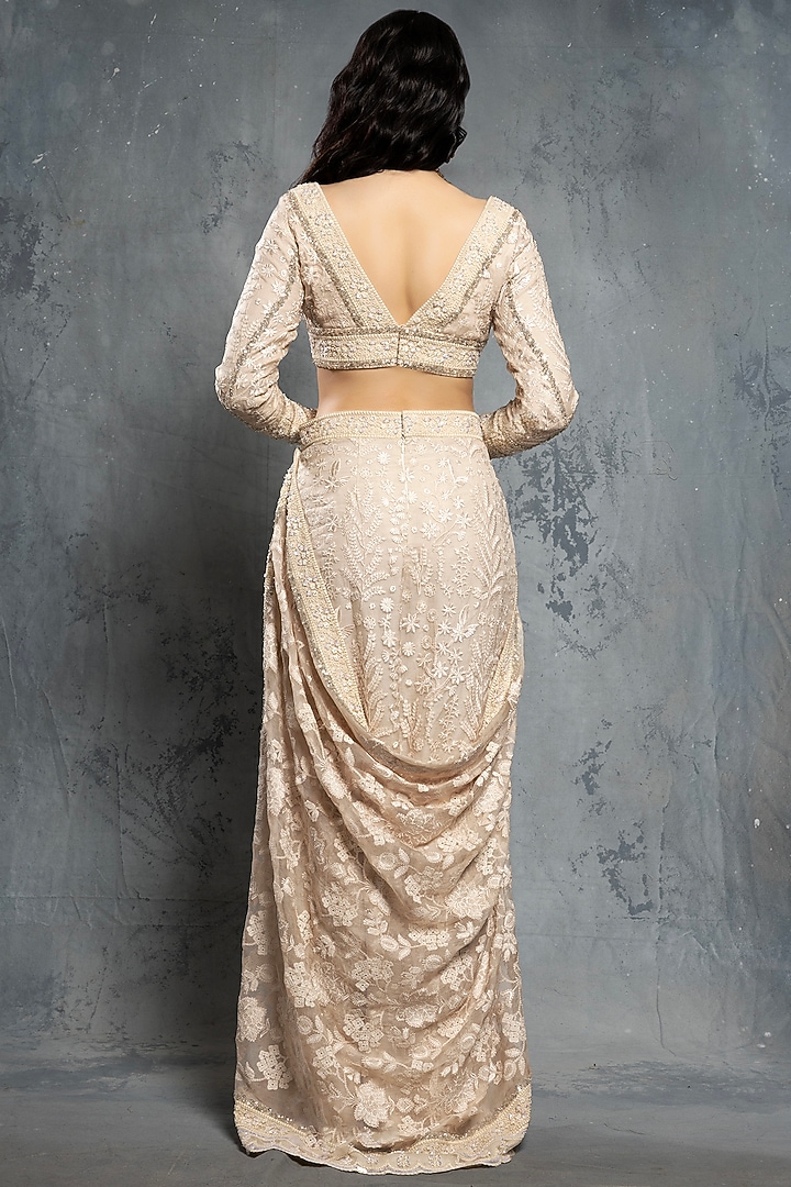 Ecru Beige Organza Thread Embroidered Concept Reception Saree Set by Neeta Lulla at Pernia's Pop Up Shop