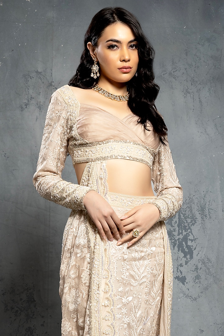Ecru Beige Organza Thread Embroidered Concept Reception Saree Set by Neeta Lulla at Pernia's Pop Up Shop